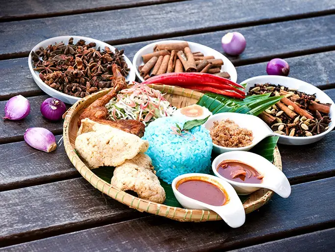 Nasi Kerabu, a vibrant blue rice dish with herbs and vegetables, representing our diverse meal options